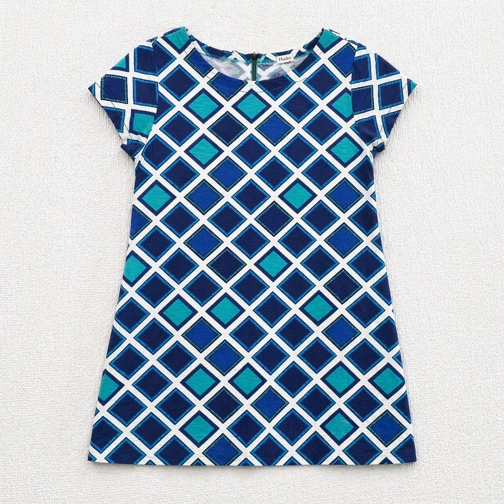 Hatley Women Blue Teal Geometric Diamond Print Short Sleeve Shift Dress Sz M